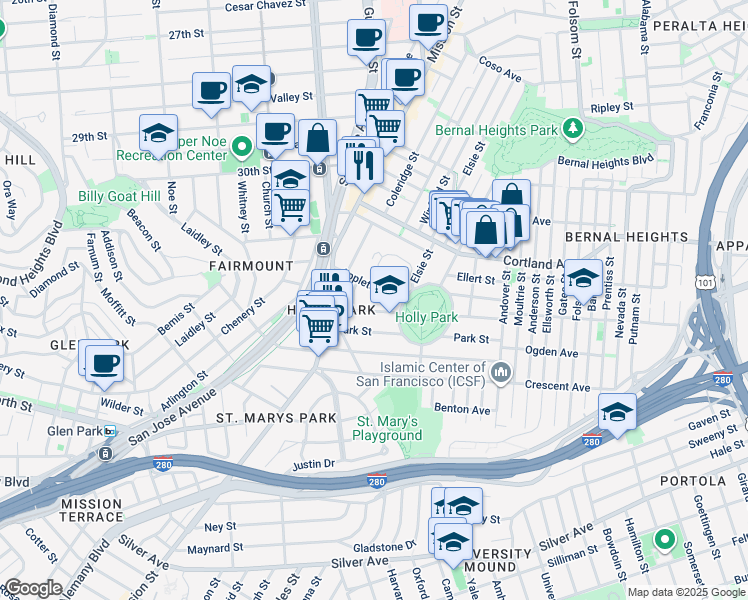 map of restaurants, bars, coffee shops, grocery stores, and more near 146 Highland Avenue in San Francisco