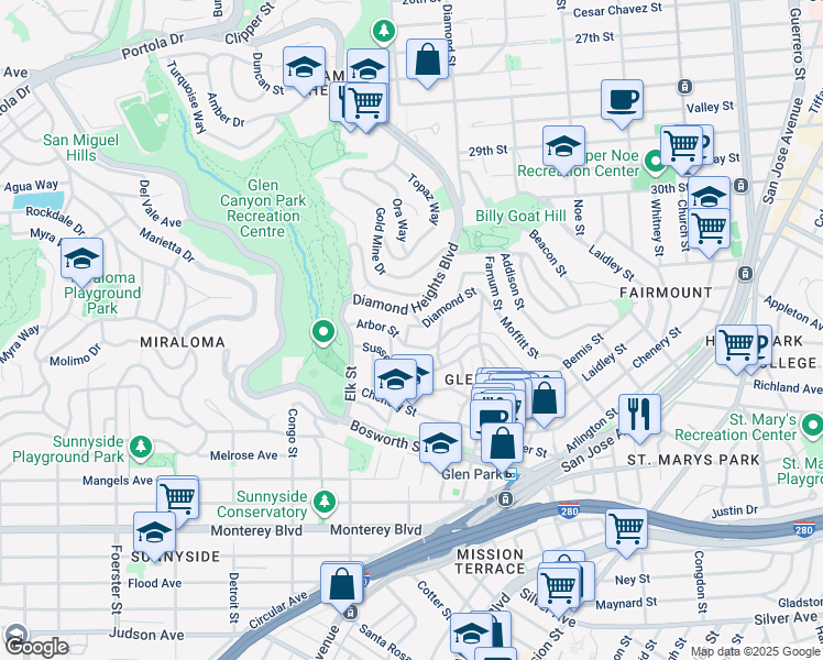 map of restaurants, bars, coffee shops, grocery stores, and more near 175 Arbor Street in San Francisco
