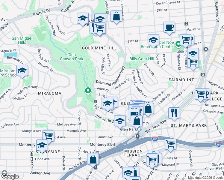 map of restaurants, bars, coffee shops, grocery stores, and more near 175 Arbor Street in San Francisco
