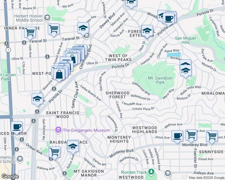 map of restaurants, bars, coffee shops, grocery stores, and more near 240 Lansdale Avenue in San Francisco