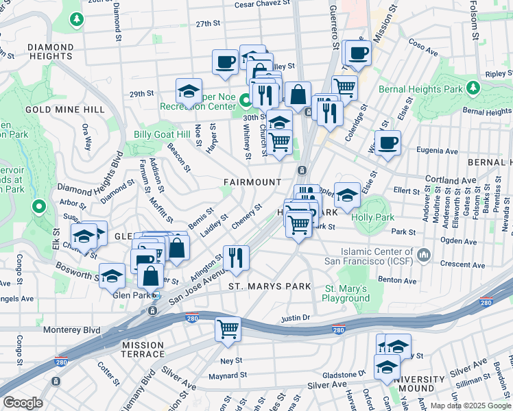 map of restaurants, bars, coffee shops, grocery stores, and more near 284 Chenery Street in San Francisco