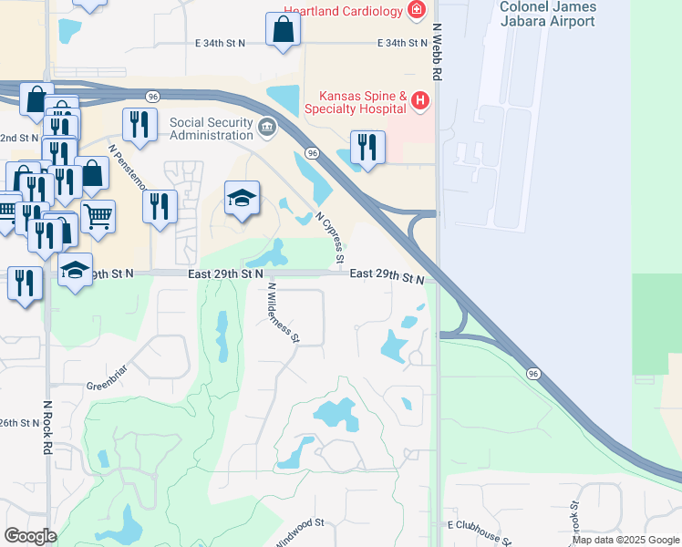 map of restaurants, bars, coffee shops, grocery stores, and more near 2903 North Cypress Drive in Wichita