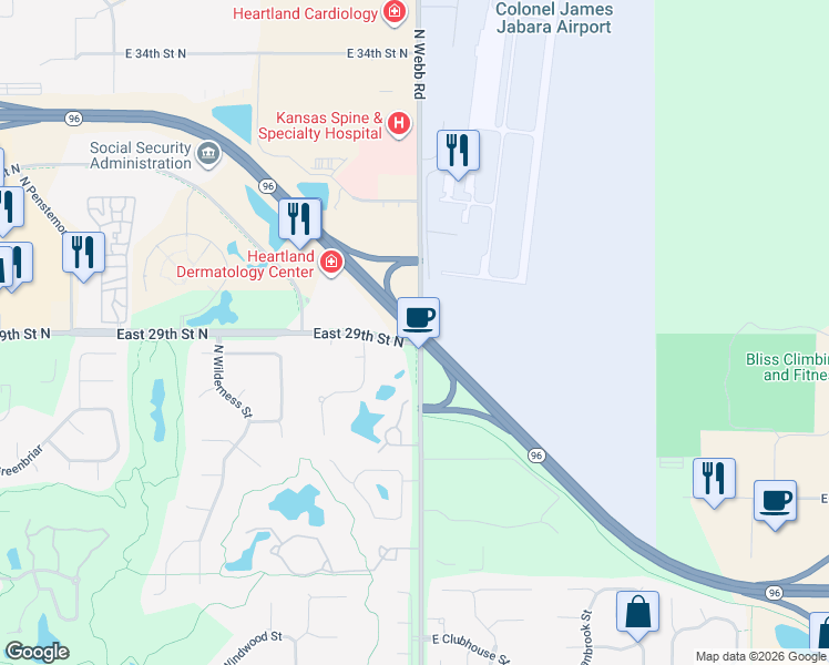 map of restaurants, bars, coffee shops, grocery stores, and more near Highway 96 in Wichita