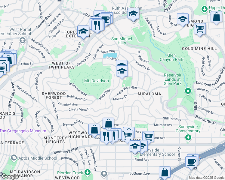 map of restaurants, bars, coffee shops, grocery stores, and more near Molimo Drive & Myra Way in San Francisco