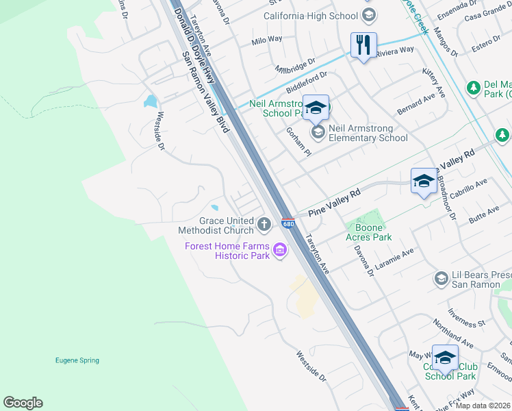 map of restaurants, bars, coffee shops, grocery stores, and more near 14 Poppy Hills Lane in San Ramon