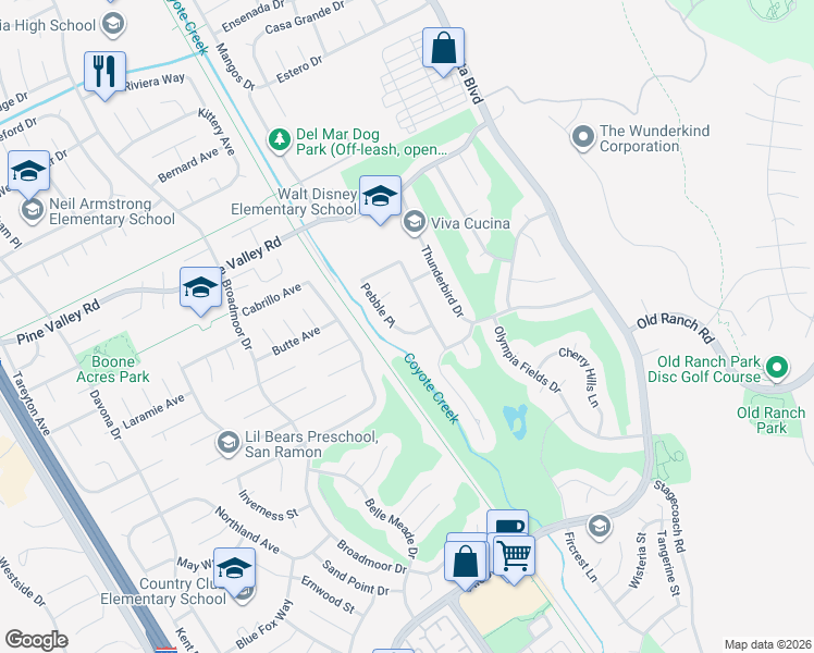 map of restaurants, bars, coffee shops, grocery stores, and more near 169 Pebble Place in San Ramon