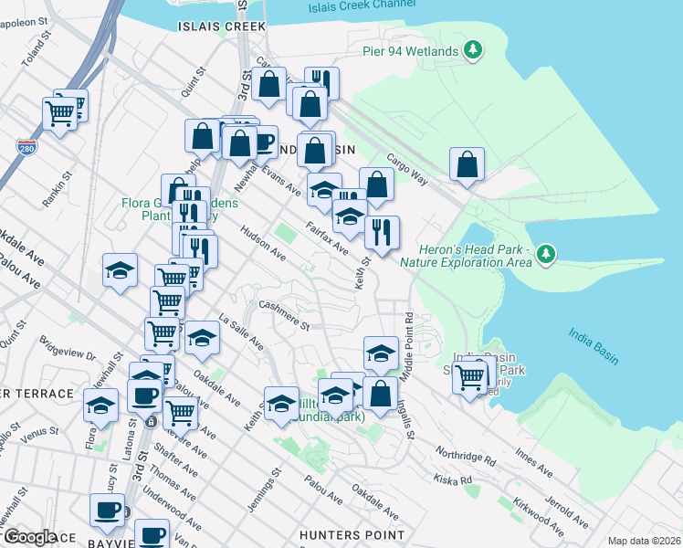 map of restaurants, bars, coffee shops, grocery stores, and more near 1224 Fairfax Avenue in San Francisco