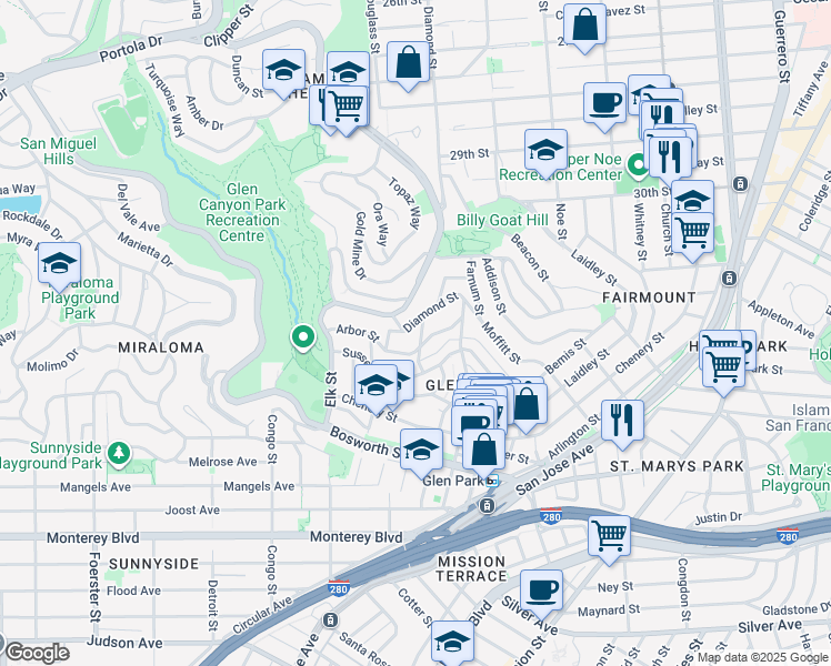 map of restaurants, bars, coffee shops, grocery stores, and more near 2409 Diamond Street in San Francisco