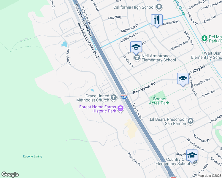 map of restaurants, bars, coffee shops, grocery stores, and more near 1 Terraced Hills Way in San Ramon