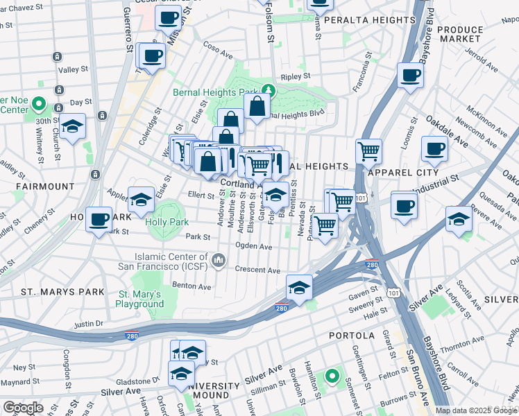 map of restaurants, bars, coffee shops, grocery stores, and more near 442 Gates Street in San Francisco