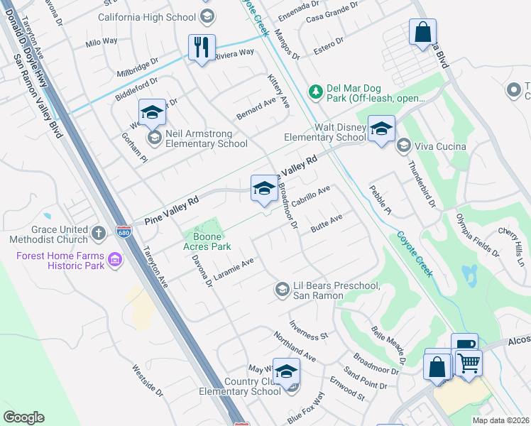 map of restaurants, bars, coffee shops, grocery stores, and more near 3000 Pine Valley Road in San Ramon
