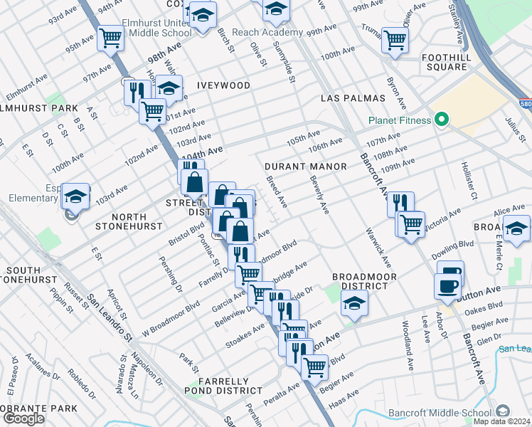 map of restaurants, bars, coffee shops, grocery stores, and more near 10801 Breed Avenue in Oakland