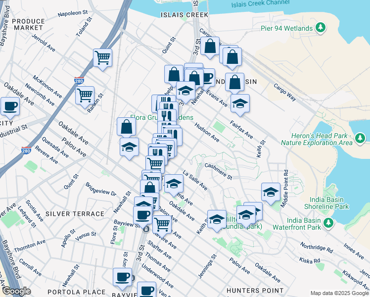 map of restaurants, bars, coffee shops, grocery stores, and more near 1535 Innes Avenue in San Francisco