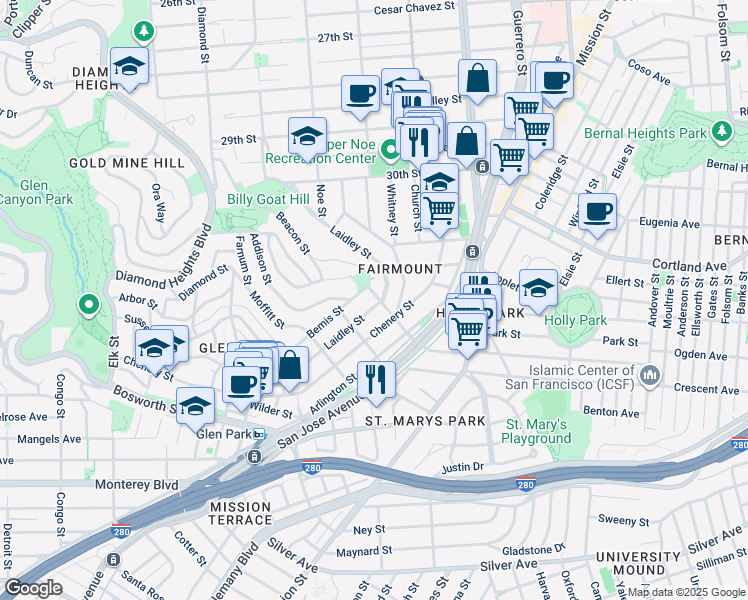 map of restaurants, bars, coffee shops, grocery stores, and more near 101 Miguel Street in San Francisco