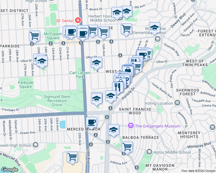 map of restaurants, bars, coffee shops, grocery stores, and more near 2650 16th Avenue in San Francisco