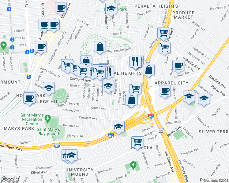map of restaurants, bars, coffee shops, grocery stores, and more near 432 Prentiss Street in San Francisco