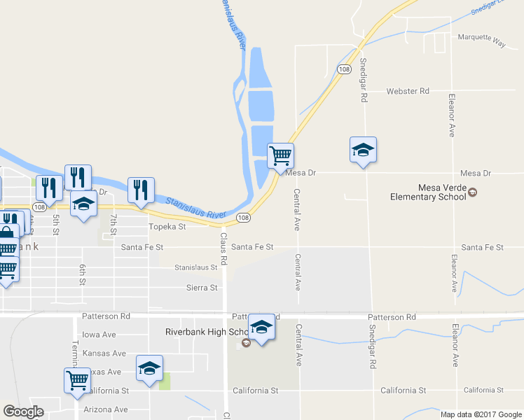 map of restaurants, bars, coffee shops, grocery stores, and more near 4230 California 108 in Riverbank