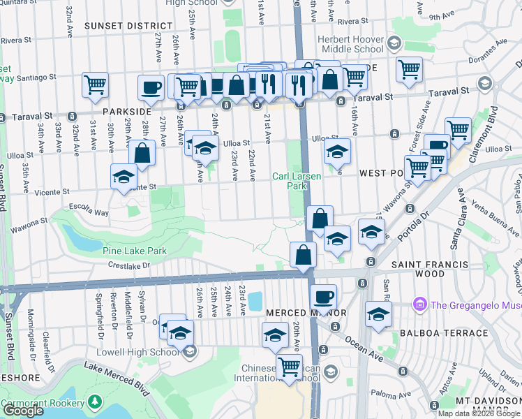 map of restaurants, bars, coffee shops, grocery stores, and more near 2635 21st Avenue in San Francisco