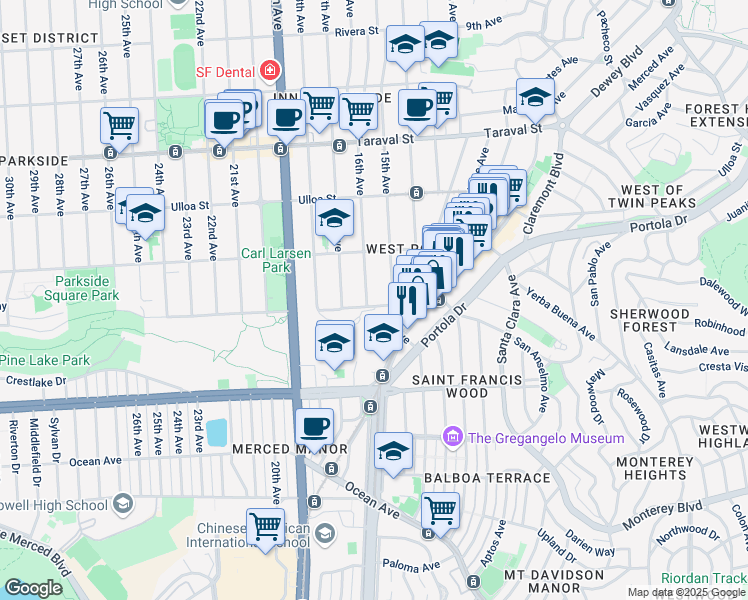 map of restaurants, bars, coffee shops, grocery stores, and more near 2650 16th Avenue in San Francisco