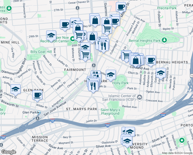 map of restaurants, bars, coffee shops, grocery stores, and more near 3673 Mission Street in San Francisco