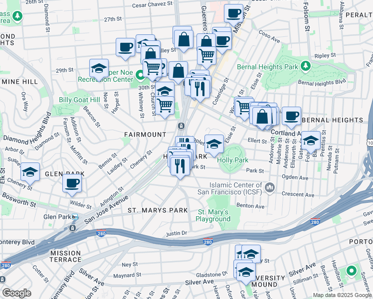 map of restaurants, bars, coffee shops, grocery stores, and more near 3675 Mission Street in San Francisco