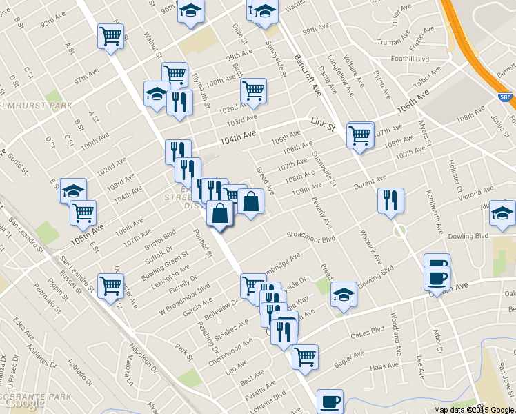 map of restaurants, bars, coffee shops, grocery stores, and more near 10801 Breed Avenue in Oakland