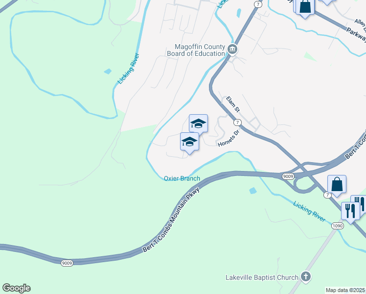 map of restaurants, bars, coffee shops, grocery stores, and more near 201 Hornets Drive in Salyersville