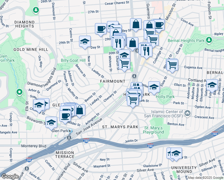 map of restaurants, bars, coffee shops, grocery stores, and more near 264 Whitney Street in San Francisco