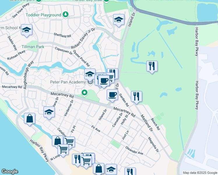 map of restaurants, bars, coffee shops, grocery stores, and more near 801 Island Drive in Alameda