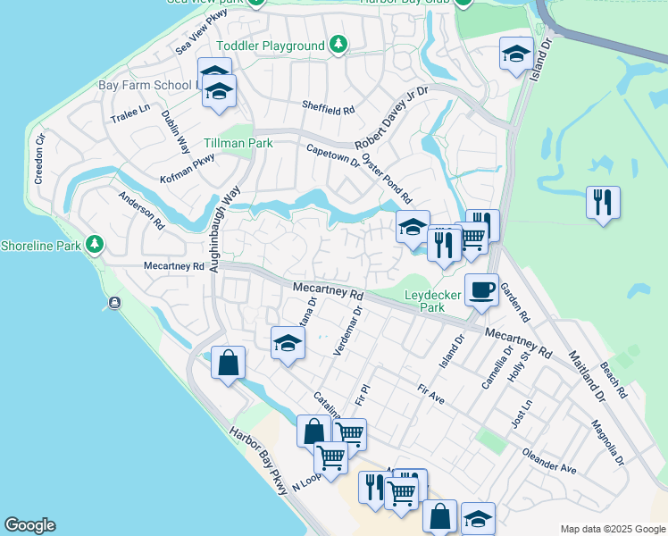map of restaurants, bars, coffee shops, grocery stores, and more near 109 Holly Oak Lane in Alameda