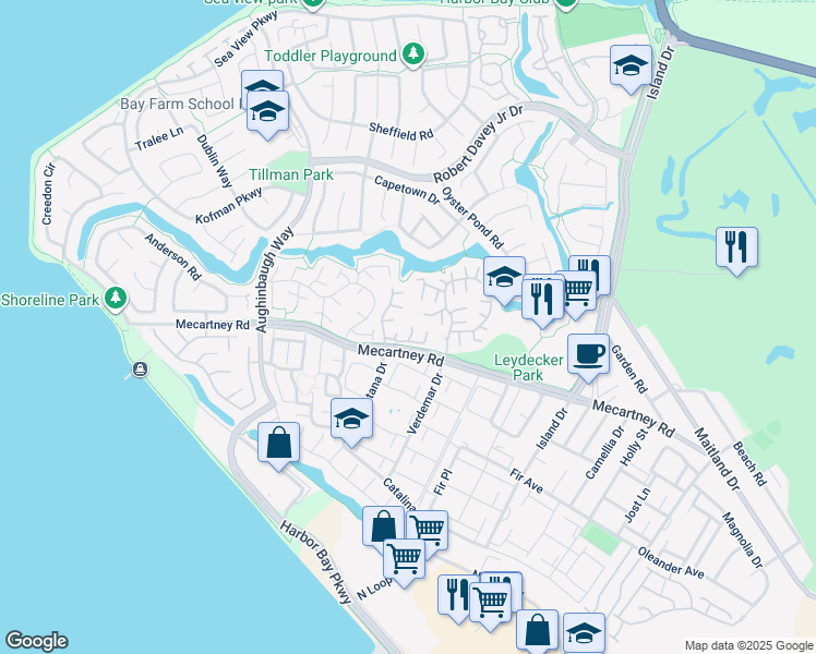 map of restaurants, bars, coffee shops, grocery stores, and more near 109 Holly Oak Lane in Alameda