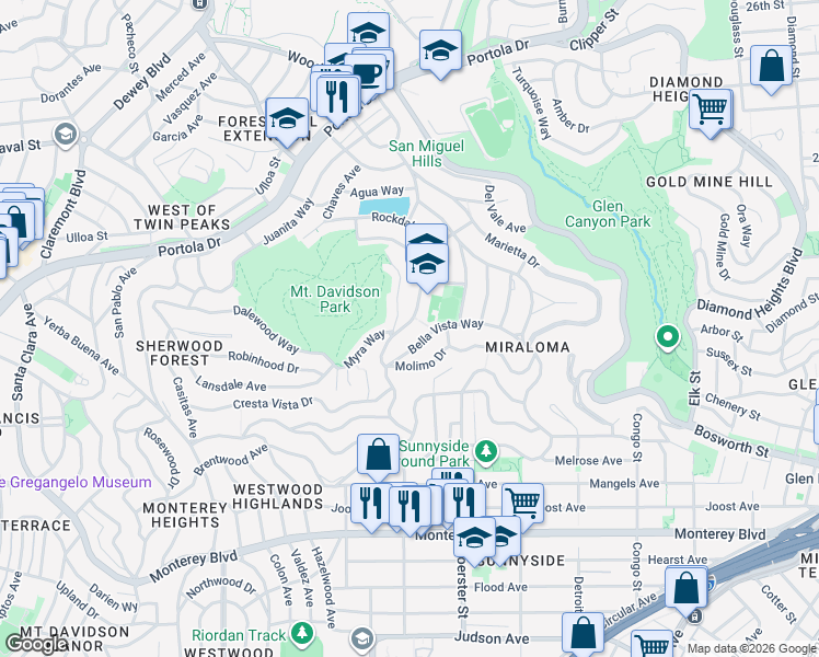 map of restaurants, bars, coffee shops, grocery stores, and more near 563 Myra Way in San Francisco