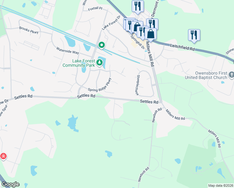 map of restaurants, bars, coffee shops, grocery stores, and more near 3130 Forest Edge Cove in Owensboro