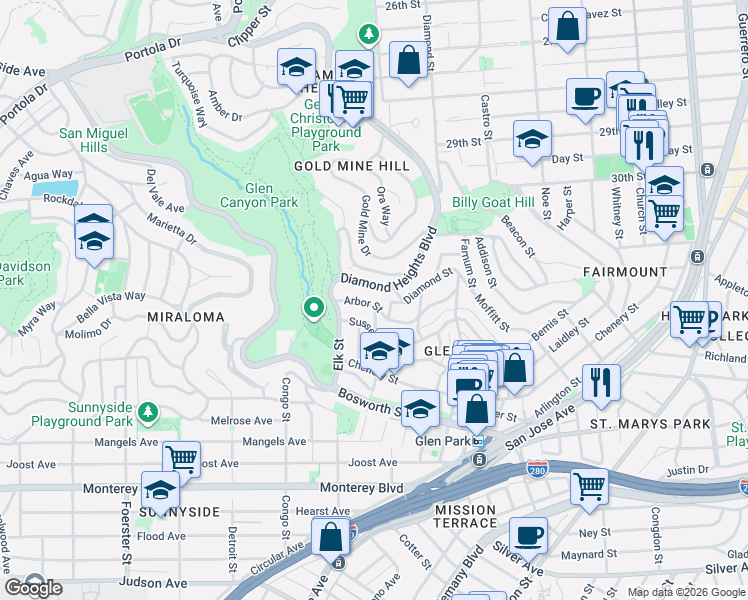 map of restaurants, bars, coffee shops, grocery stores, and more near 21 Berkeley Way in San Francisco