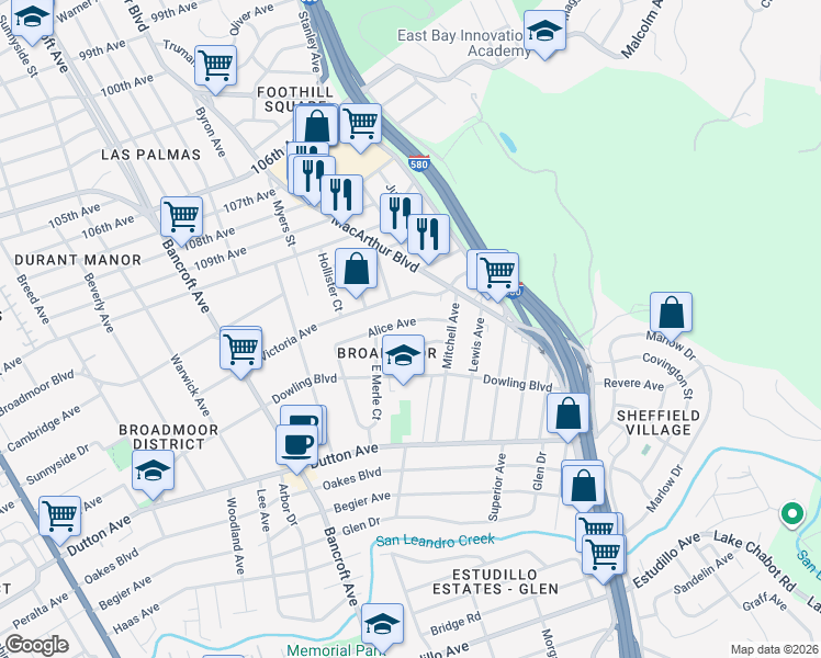 map of restaurants, bars, coffee shops, grocery stores, and more near 954 Alice Avenue in San Leandro