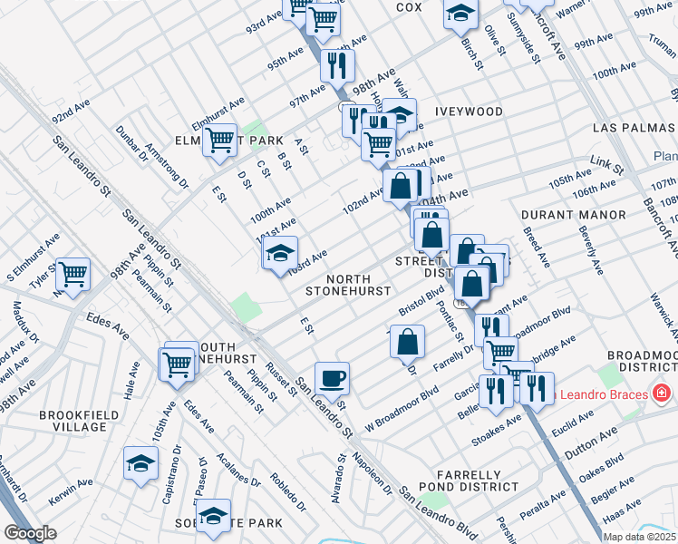 map of restaurants, bars, coffee shops, grocery stores, and more near 1235 104th Avenue in Oakland