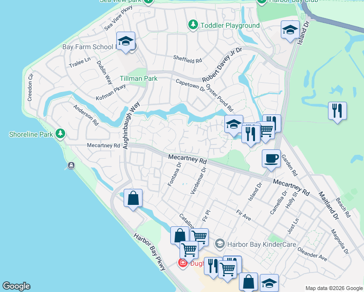 map of restaurants, bars, coffee shops, grocery stores, and more near 2935 Baywalk Road in Alameda