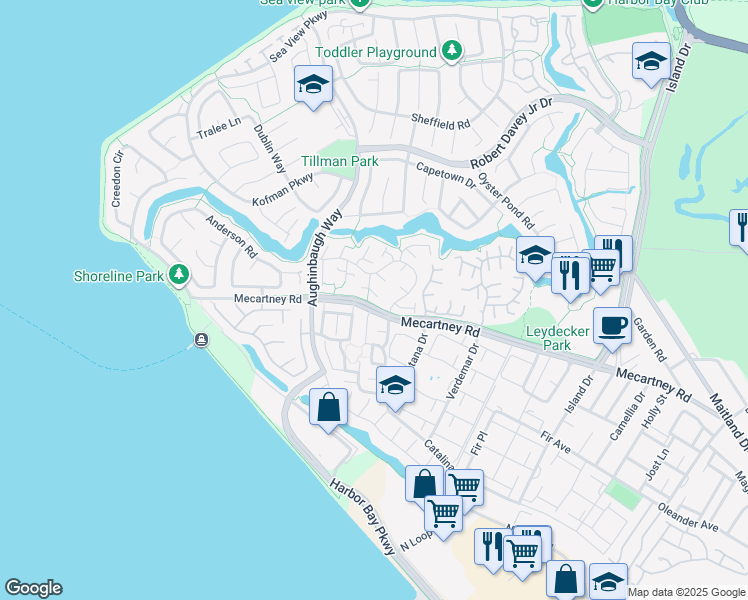 map of restaurants, bars, coffee shops, grocery stores, and more near 208 Galway Bay in Alameda