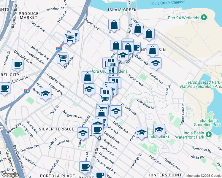 map of restaurants, bars, coffee shops, grocery stores, and more near 912 Newhall Street in San Francisco