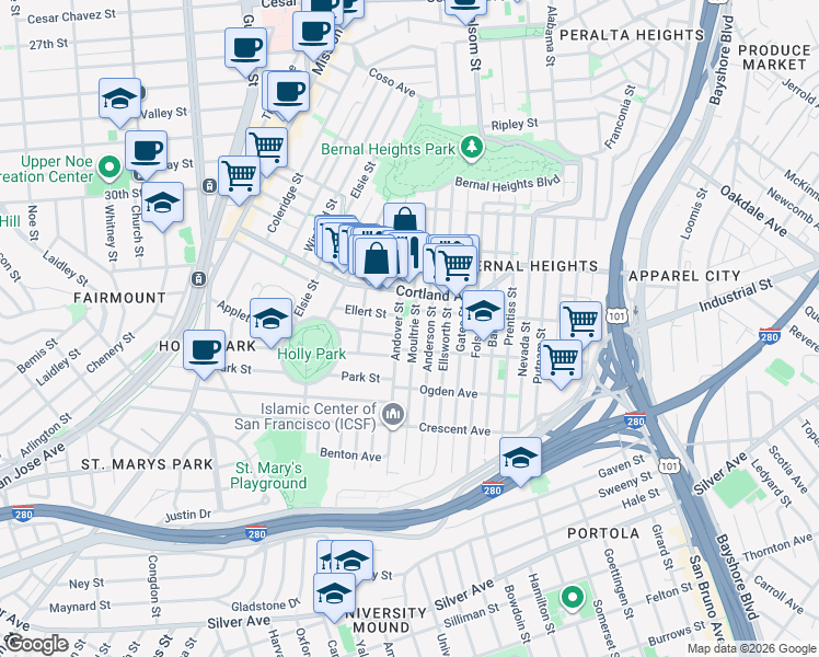 map of restaurants, bars, coffee shops, grocery stores, and more near 320 Andover Street in San Francisco