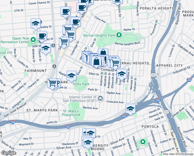 map of restaurants, bars, coffee shops, grocery stores, and more near 45 Ellert Street in San Francisco