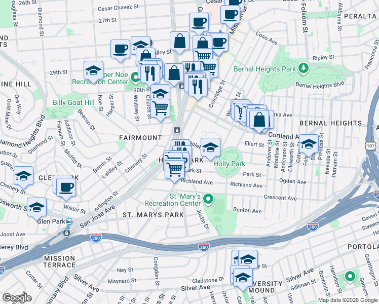 map of restaurants, bars, coffee shops, grocery stores, and more near 3620 Mission Street in San Francisco