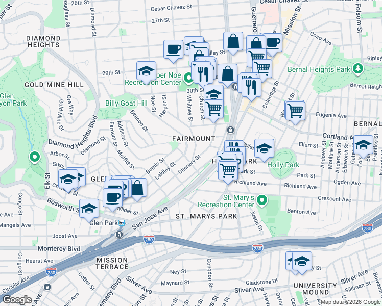 map of restaurants, bars, coffee shops, grocery stores, and more near in San Francisco