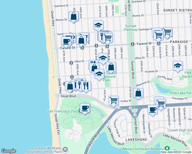 map of restaurants, bars, coffee shops, grocery stores, and more near 3100 Vicente Street in San Francisco
