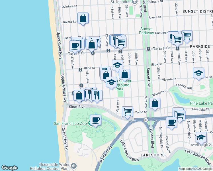 map of restaurants, bars, coffee shops, grocery stores, and more near 3100 Vicente Street in San Francisco
