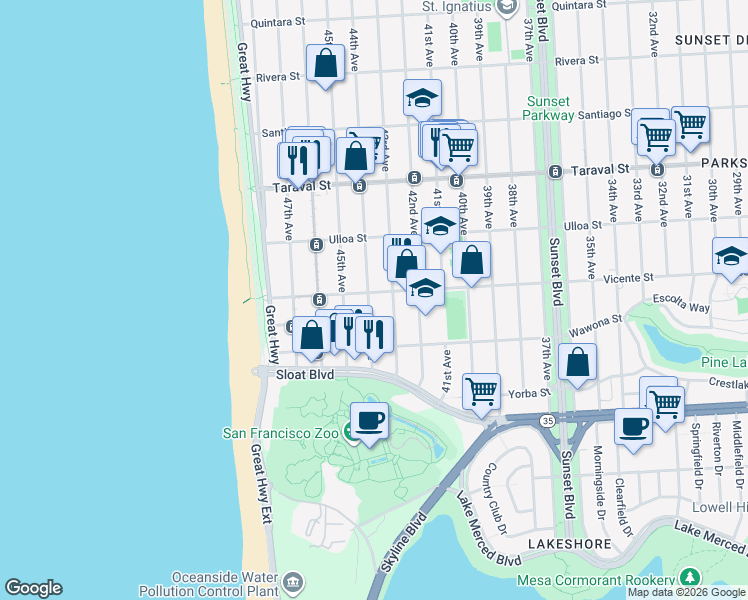 map of restaurants, bars, coffee shops, grocery stores, and more near 2586 44th Avenue in San Francisco