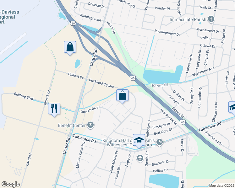 map of restaurants, bars, coffee shops, grocery stores, and more near 3288 Buckland Square in Owensboro