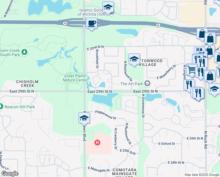 map of restaurants, bars, coffee shops, grocery stores, and more near 3027 North Bramblewood Street in Wichita