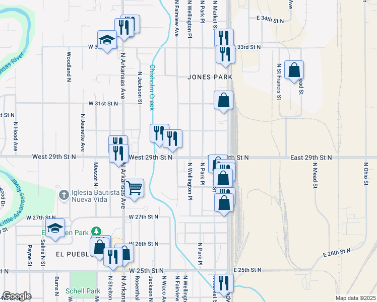 map of restaurants, bars, coffee shops, grocery stores, and more near 3019 N Wellington Pl in Wichita