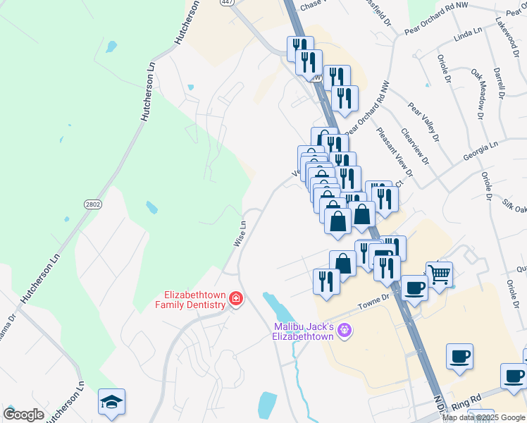 map of restaurants, bars, coffee shops, grocery stores, and more near Wise Ln in Elizabethtown